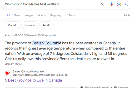 پاسخ گوگل درباره اینکه کدام شهر کانادا از نظر آب و هوا بهترین است