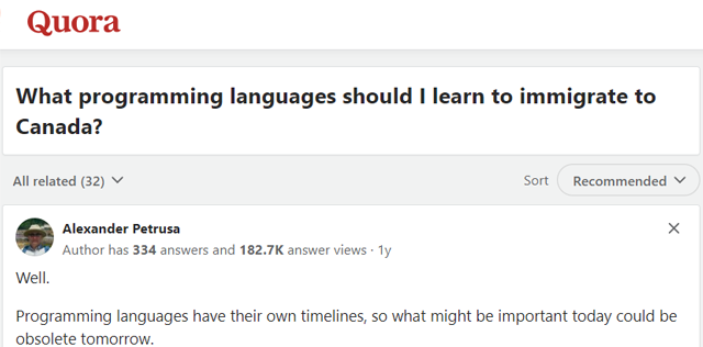 تجربه کاربر سوم در سایت Quora در مورد بهترین زبان برنامه نویسی برای مهاجرت به کانادا