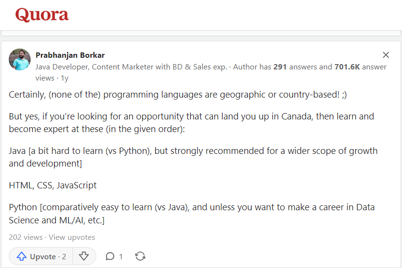 تجربه کاربر اول در سایت Quora در مورد بهترین زبان برنامه نویسی برای مهاجرت به کانادا